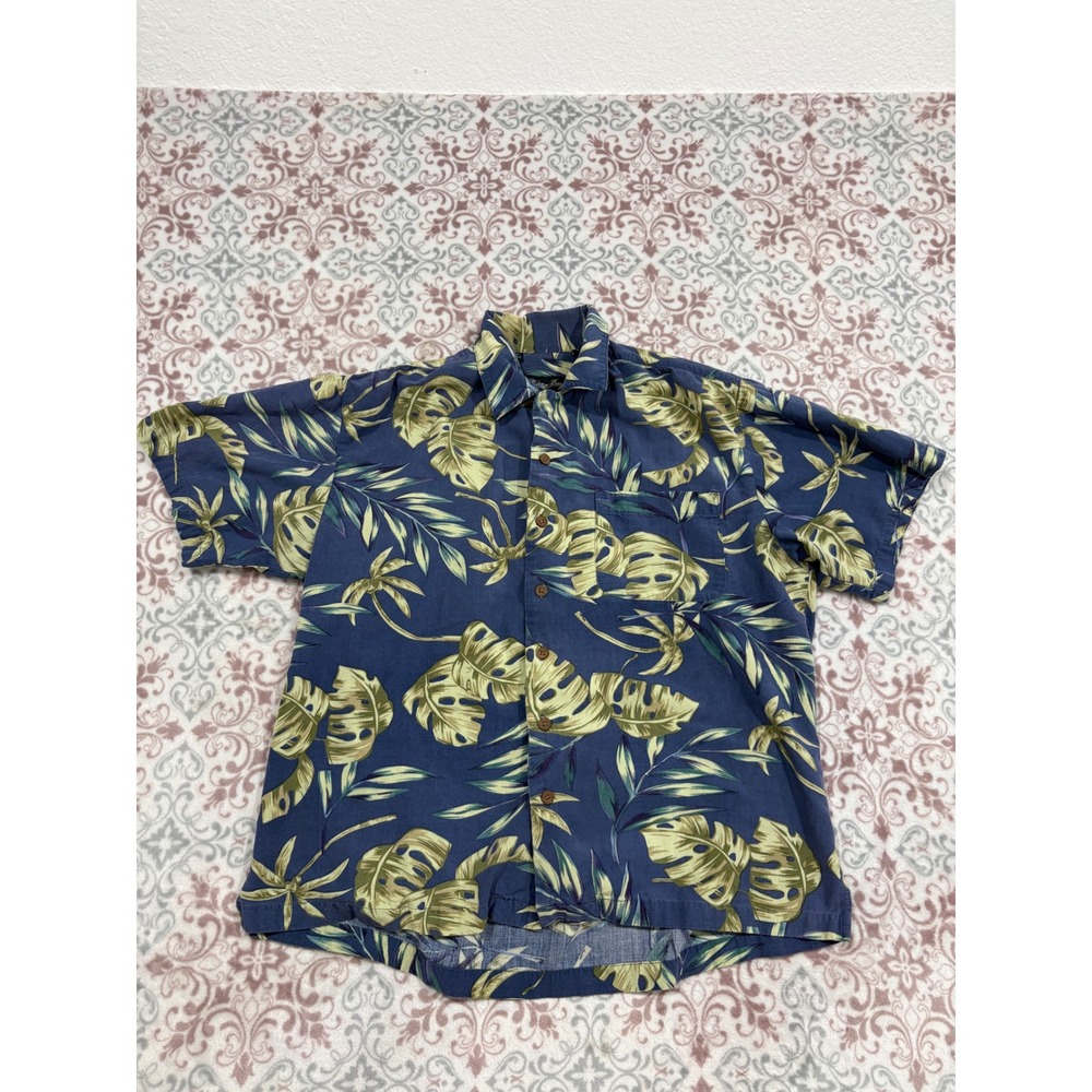 Milano Bay Mens Large Blue Tropical Monstera Leaf Short Sleeve Button Down Shirt